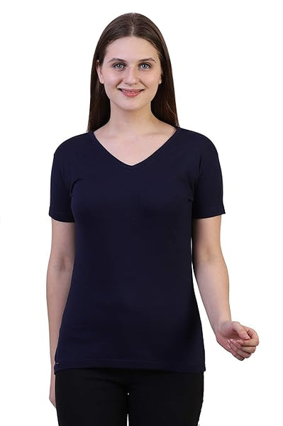 Women Plain V Neck Navy Blue T-Shirt