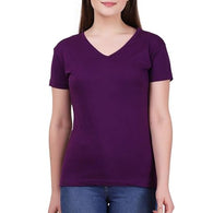 Women Plain V Neck Purple T-Shirt