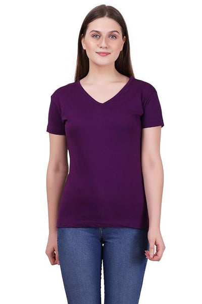 Women Plain V Neck Purple T-Shirt