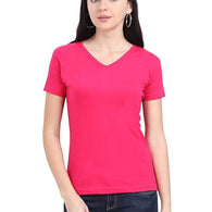 Women Plain V Neck Pink T-Shirt