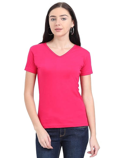 Women Plain V Neck Pink T-Shirt