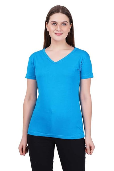 Women Plain V Neck Blue T-Shirt