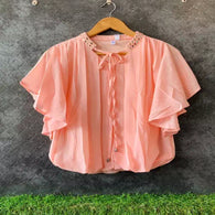 Coral Mirror Embroidery Knot Collar Balloon Top