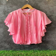 Pink Mirror Embroidery Knot Collar Balloon Top