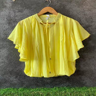 Yellow Mirror Embroidery Knot Collar Balloon Top