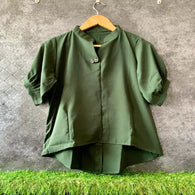 Green Casual Pleated Half Sleeve 2 Button Up Down Top