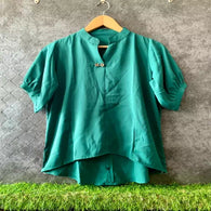 Aqua Green Casual Pleated Half Sleeve 2 Button Up Down Top